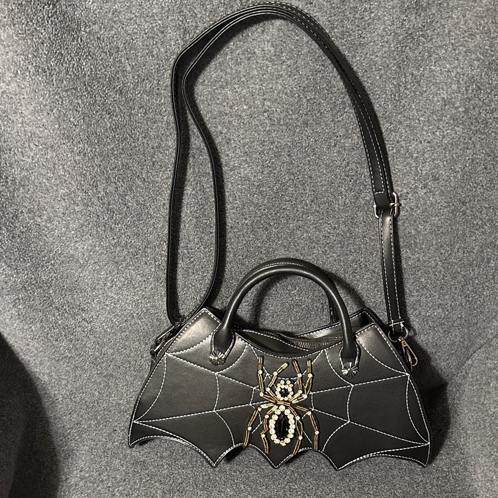 Bat Shaped Crossbody Bag with Rhinestone spider and web detail